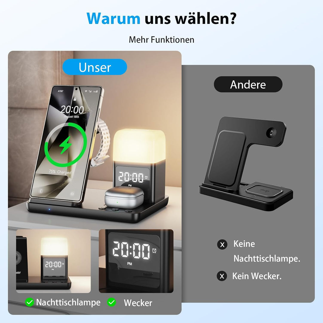 6 in1 Upgradierter Induktive Ladestation für Samsung mit Wecker & 3-Farben-Licht | Wireless Charger