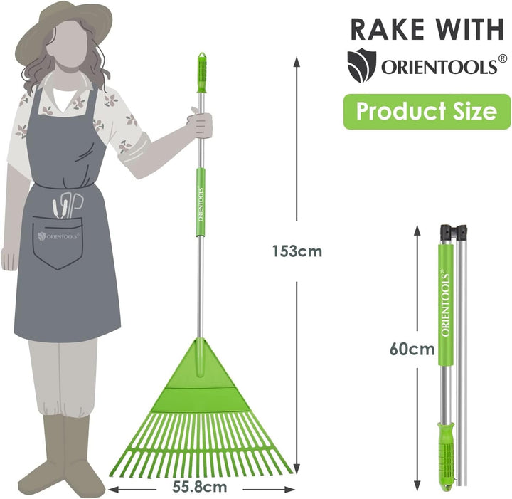 ORIENTOOLS Garten Laubrechen, Garten Rechen für Rasen Laub mit Faltbarer Griff 120 bis 165 cm Rechen