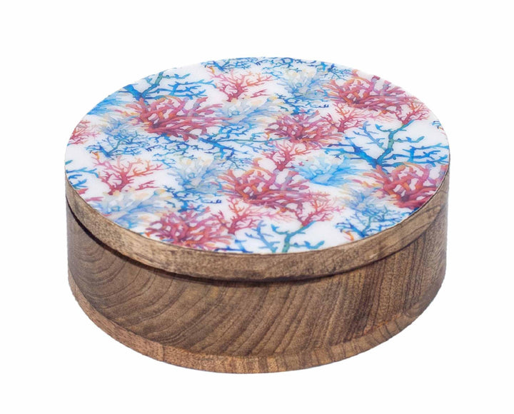 Signes Grimalt Aufbewahrungsbox, rund, Mangoholz und Thema Koralle, Blau und Rot, Durchmesser 20,5 c