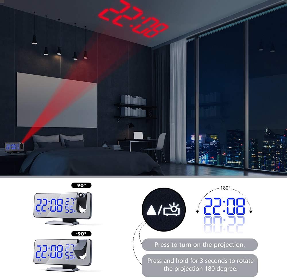 YUNYODA Projektionswecker, digitaler LED-Wecker mit Spiegeloberfläche, USB-Ladeanschluss, Schlummerf