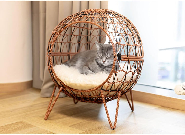 BURI Heimtier Schlafkörbchen Rattan mit Kissen 45x50cm Katze Katzenbett Kugel Schlafplatz