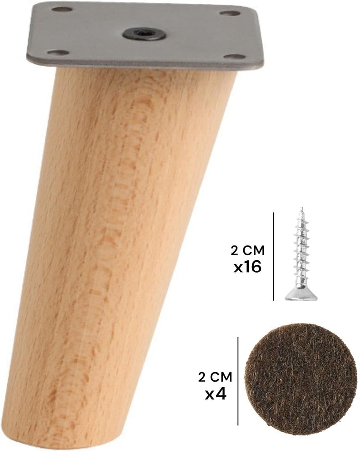 Möbelfüsse aus Buchenholz, konische Füsse mit Neigung und Montageplatte bereits montiert, 8 cm hoch