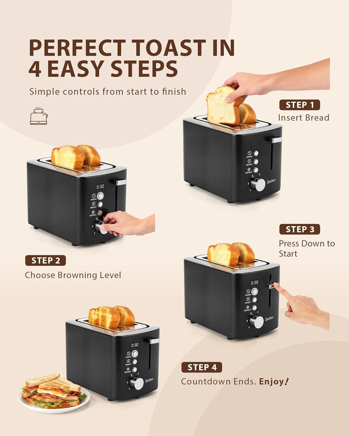 Edelstahl 2 Scheiben Toaster mit LED-Countdown & Brötchenaufsatz, extra breite 3,5 cm Schlitze für T