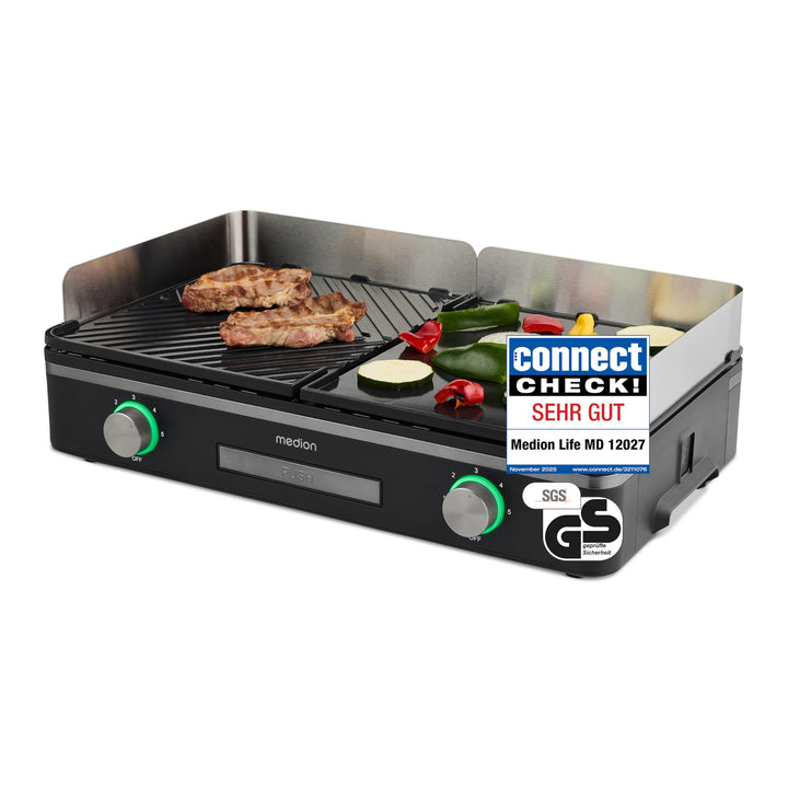 MEDION Tischgrill elektrisch mit Dual-Zonen-System (2400 Watt Elektrogrill, 2 abnehmbare Platten, in