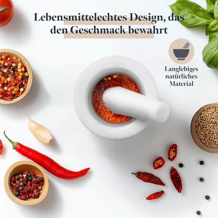 Gourmeo Mörser mit Stössel Set aus Marmor - 8,5 x 8,5 x H6cm - 200ml Mörser mit Stössel klein - Mort