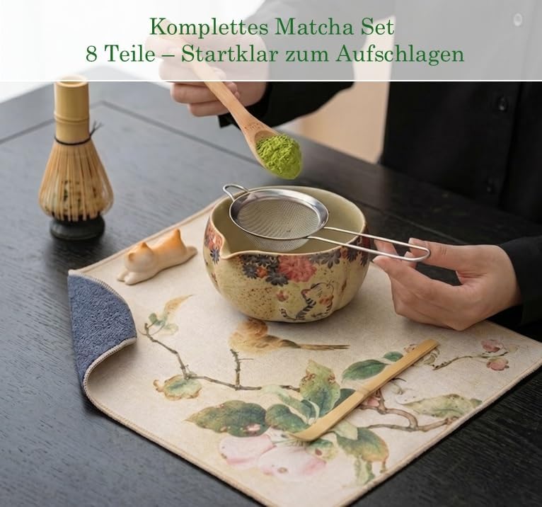 Matcha Set Japan 8-teilig – Premium Matcha Tee Set mit Keramik Schale, Bambus Chasen Besen & Halter,