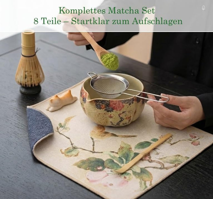 Matcha Set Japan 8-teilig – Premium Matcha Tee Set mit Keramik Schale, Bambus Chasen Besen & Halter,