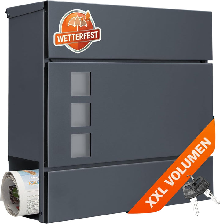 MONZANA® Briefkasten Design Stahl mit Zeitungsfach Sichtfenster 2 Schlüssel Zeitungsrolle Wandbriefk