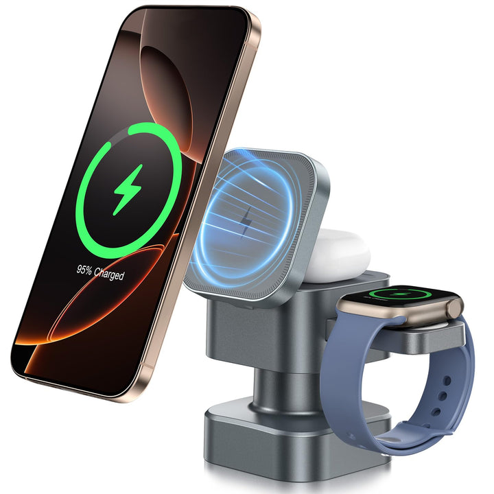 3-in-1 Kabellose Ladestation, Drehbar &amp; Einziehbar mit Nachtlicht, Kompatibel mit iPhone 17/16/15/14