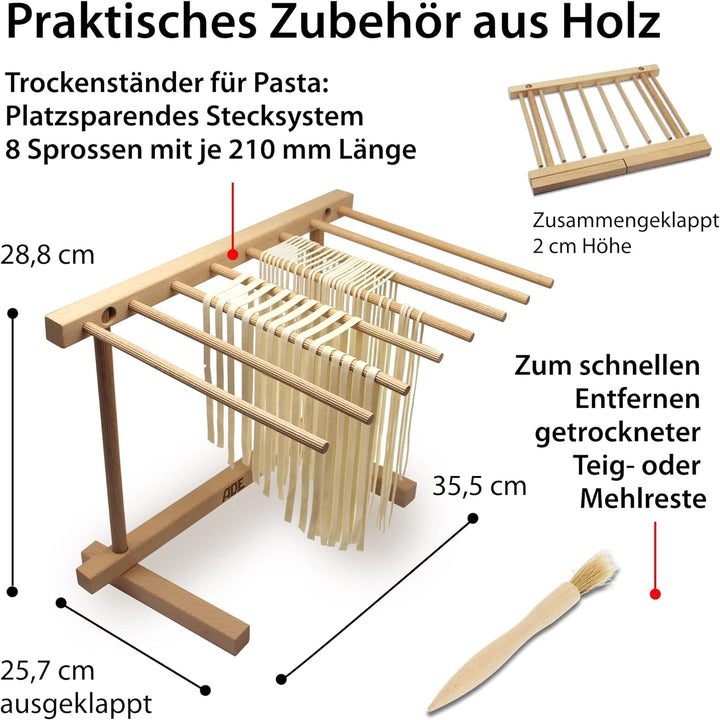 ADE manuelle Nudelmaschine KG2102 mit Zubehör Set (platzsparender Nudeltrockner aus Holz mit Reinigu