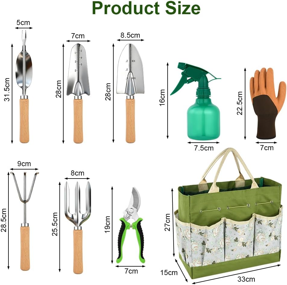 Gartenwerkzeug Set, 9 Stück Garten Hand Werkzeuge mit Aufbewahrungstasche, Stabil Rost-Sicht Garteng