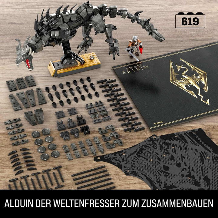 MEGA Skyrim Actionfigur Bauspielzeug, Alduin der Weltenfresser mit 619 Teilen, mit 1 Dragonborn-Figu