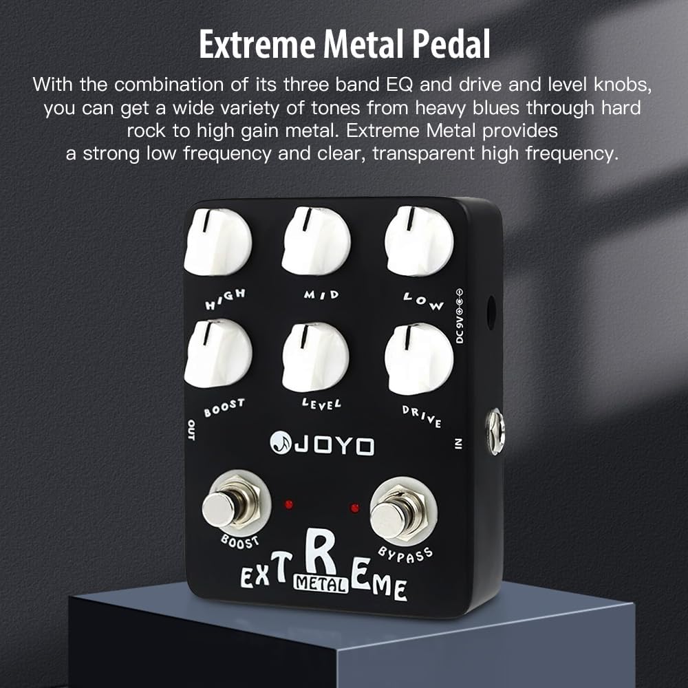 JOYO Metal Distortion Pedal mit 3-Band-EQ und Low-Mid-High Gain Boost für E-Gitarren-Effekt – Bypass