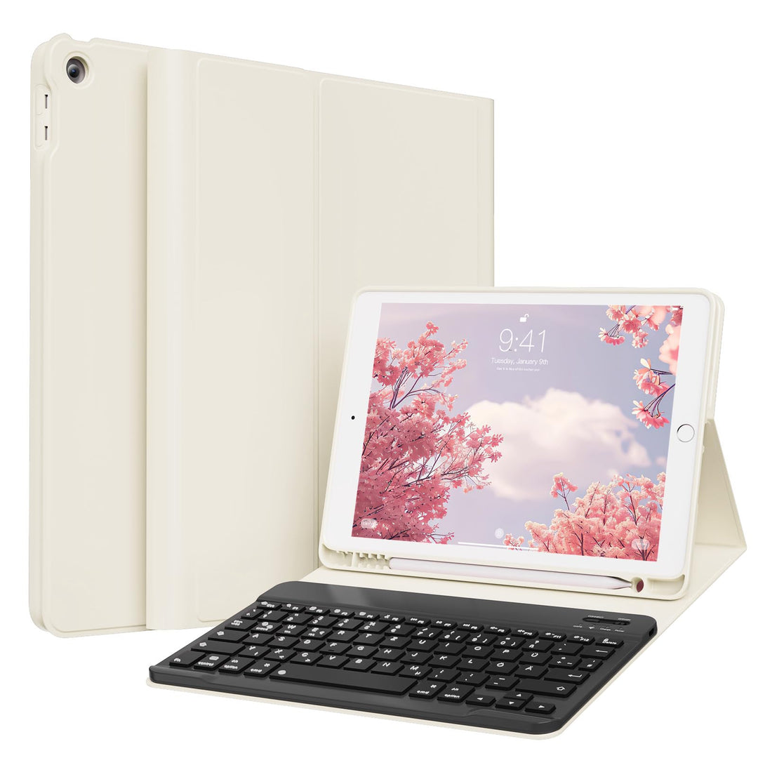 Hülle mit Tastatur für iPad 9/8/7 Generation (2021/2020/ 2019), Weiche TPU Rückseite mit Stifthalter