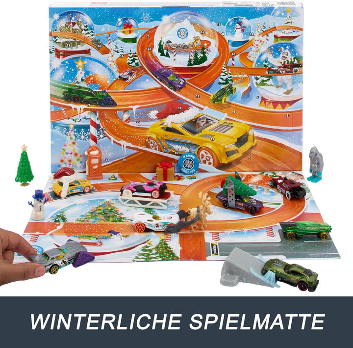 Hot Wheels Spielzeugautos, Adventskalender 2024, 8 Hot Wheels Autos im Massstab 1:64, hinter 24 numm