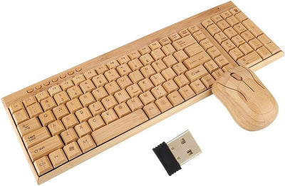 ASHATA Wireless Tastatur Maus Set, Bambus Ultra Dünne Kabellos Tastatur und Maus Kits,1600 DPI Maus