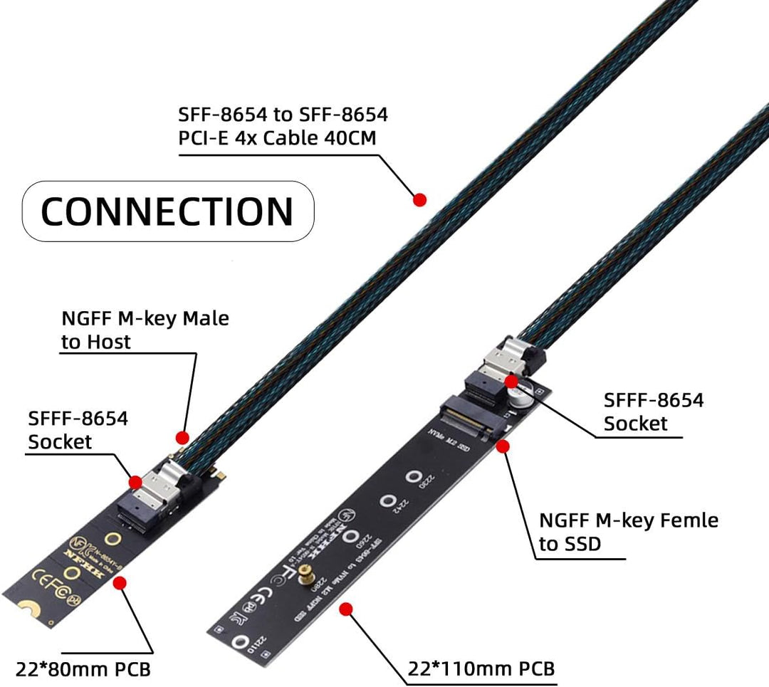 NFHK NGFF M-Key NVME Stecker auf Buchse Verlängerungskabel 40cm mit SFF-8654 Stecker für Mainboard S