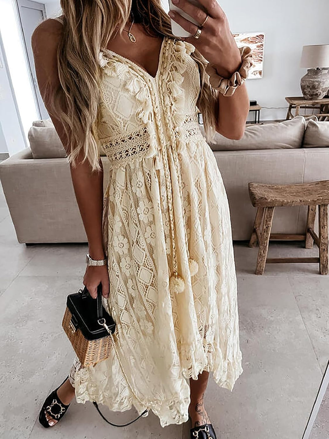 CUPSHE Damen Sommerkleid V Ausschnitt Floral Spitze Quasten Spaghetti Trägerkleid Freizeitkleider Hi