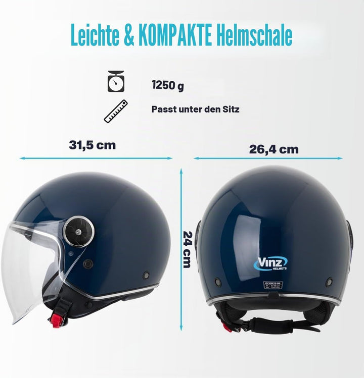 VINZ Tobia Jethelm mit Doppelvisier | Roller Helm Fashionhelm | In Gr. XS-XXL | Jet Helm mit Sonnenb
