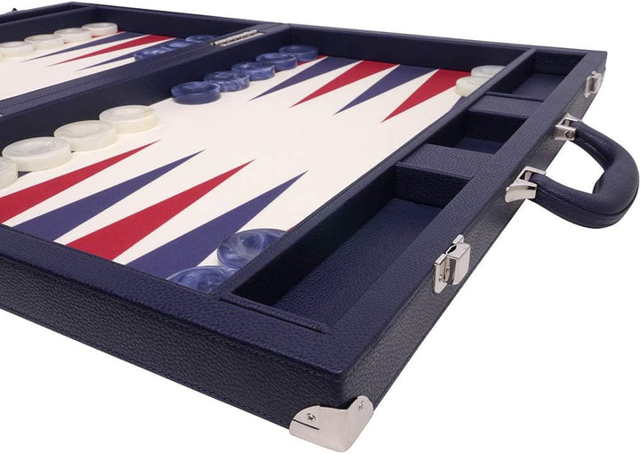 Wycliffe Brothers 53,3 cm Turnier Backgammon-Set - blauer Koffer mit Vanillefeld - Masters Edition