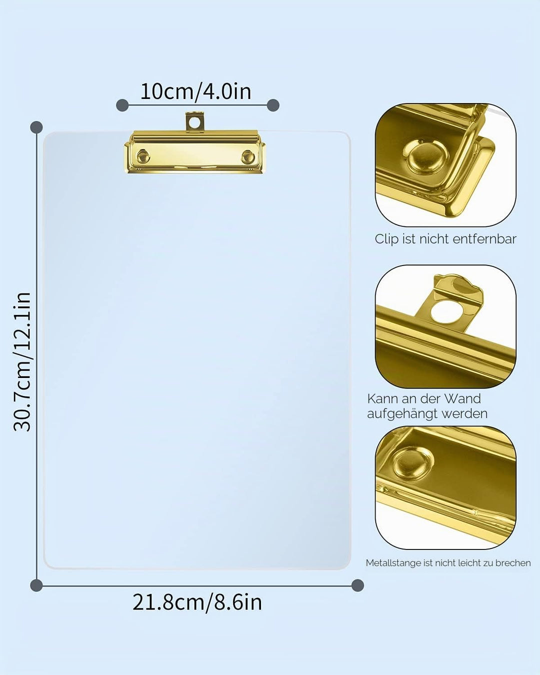 MSDADA Schreibmappe mit Golden Metalklemme, Acryl Transparent Klemmbrett Grösse A4 hoch Klemmbrettma