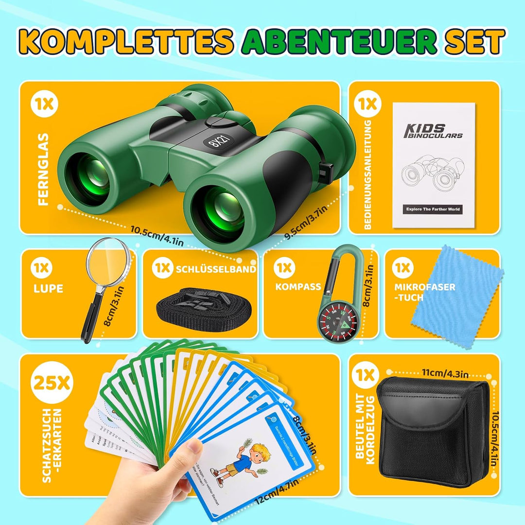 GeschenPark Fernglas Abenteuer Set mit Entdeckungskarten – Kompass – Lupe, Grün 8X-Grün, 8X-Grün
