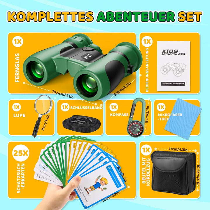 GeschenPark Fernglas Abenteuer Set mit Entdeckungskarten – Kompass – Lupe, Grün 8X-Grün, 8X-Grün