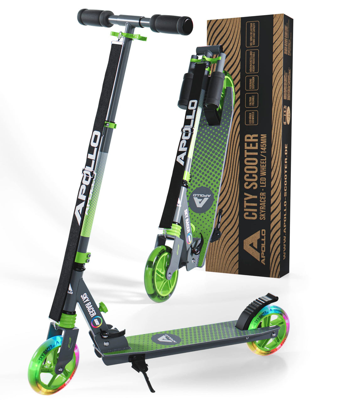 Apollo Skyracer City Roller mit LED Leuchträdern | Roller Kinder 6 Jahre | City Scooter mit Federung