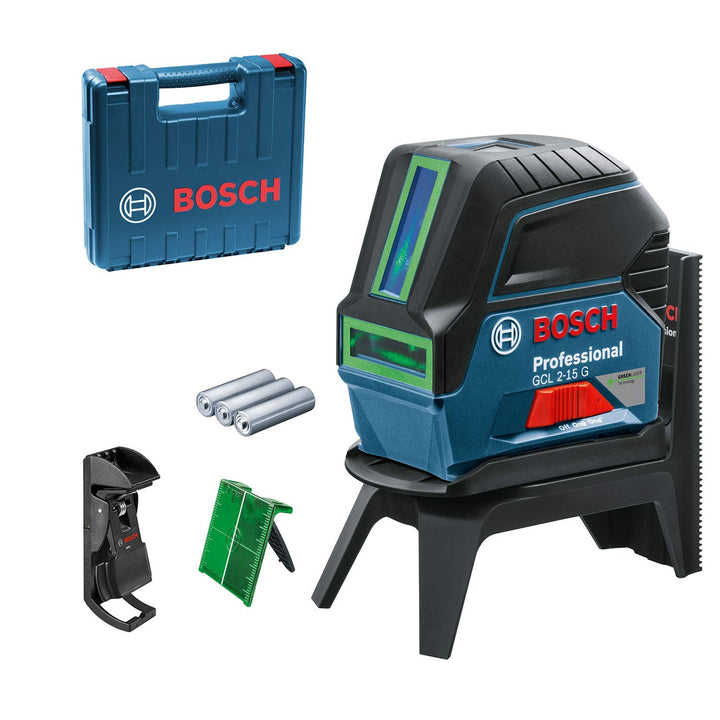 Bosch Professional Kreuzlinienlaser GCL 2-15 G (grüner Laser, Innenbereich, mit Lotpunkten, Arbeitsb