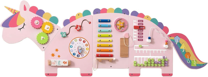 COSTWAY Montessori Busy Board, 11-in-1 Motorikbrett Holz mit Xylophon, Blöcken, Uhr, Abakus & Drehte