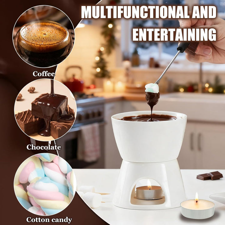 Schokofondue Tasse, 300ml Schokoladen Fondue Becher Set, Keramik Schokoladenfondue Tassen mit 4 Gabe