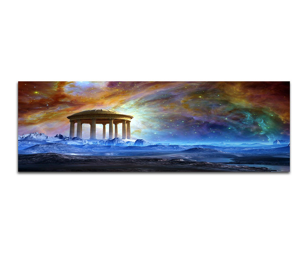 Paul Sinus Art Panoramabild auf Leinwand und Keilrahmen 120x40cm Fantasie Landschaft Tempel Sterne W