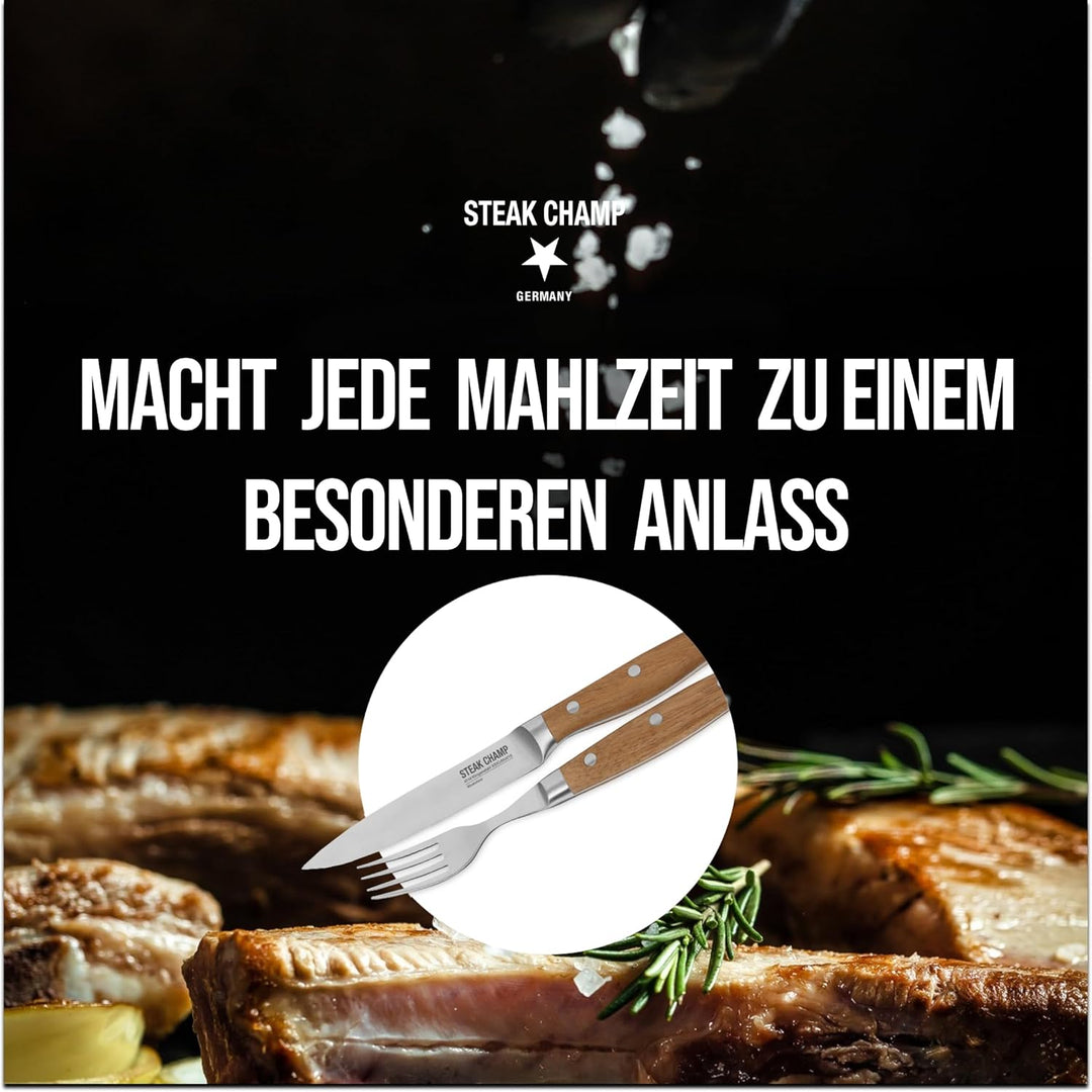 Steak Champ Fleischgabel und Steakmesser, 2 x 2 Stk.: Gabeln und Messer aus Klingenstahl, mit Mikrow