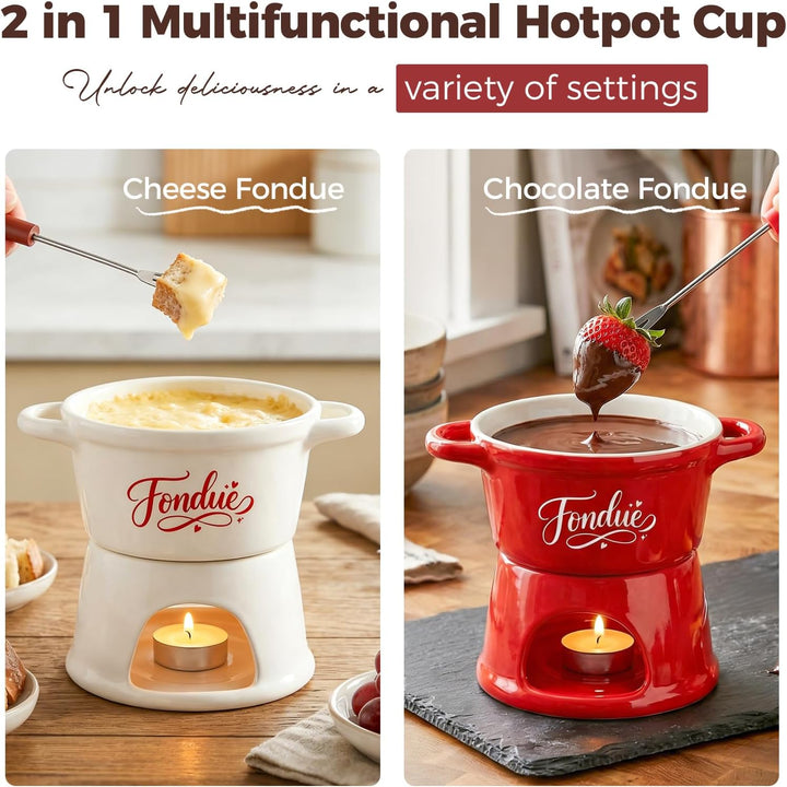 Yoassi Keramik Käsefondue Set, Mini Schokoladenfondue Tasse, Käsebecher mit 4 Gabeln, zum Schmelzen