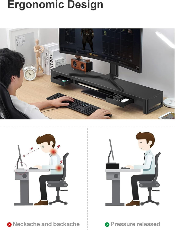 meatanty Dual-Monitorständer mit 2 Schubladen und 4 USB-Anschlüssen, Metall-Monitorständer für 2 Mon