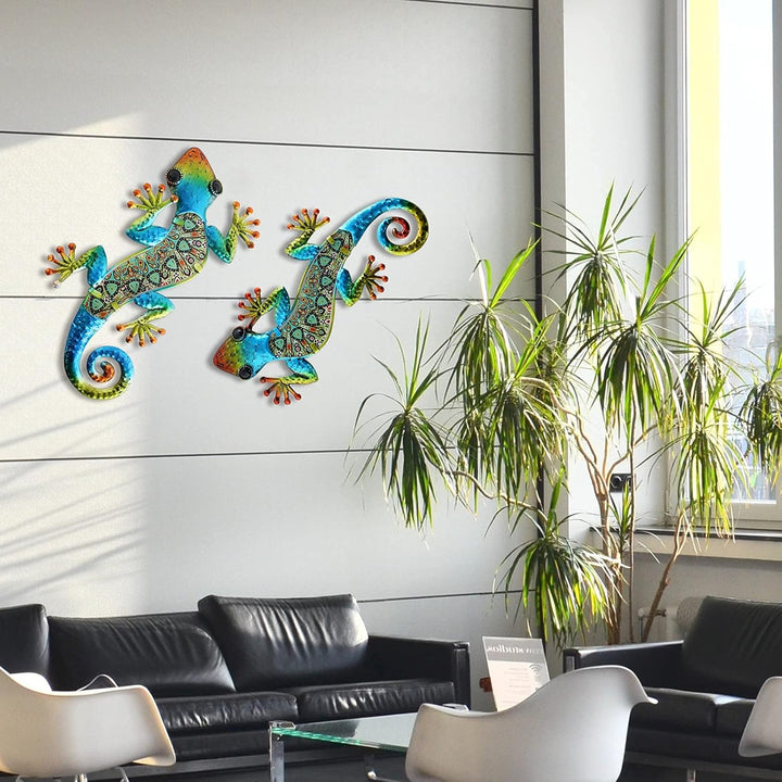 HONGLAND Metall-Gecko-Wanddekoration, Wandbild Metall,Eidechse, Wanddeko Outdoor,Gartenkunst, farbig