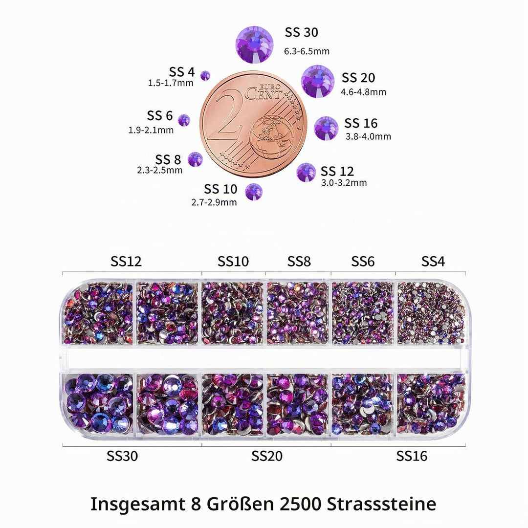 Beadsland Strasssteine für Makeup,8 Grössen 2500pcs Kristall flache Rückseite Strasssteine Gesicht E
