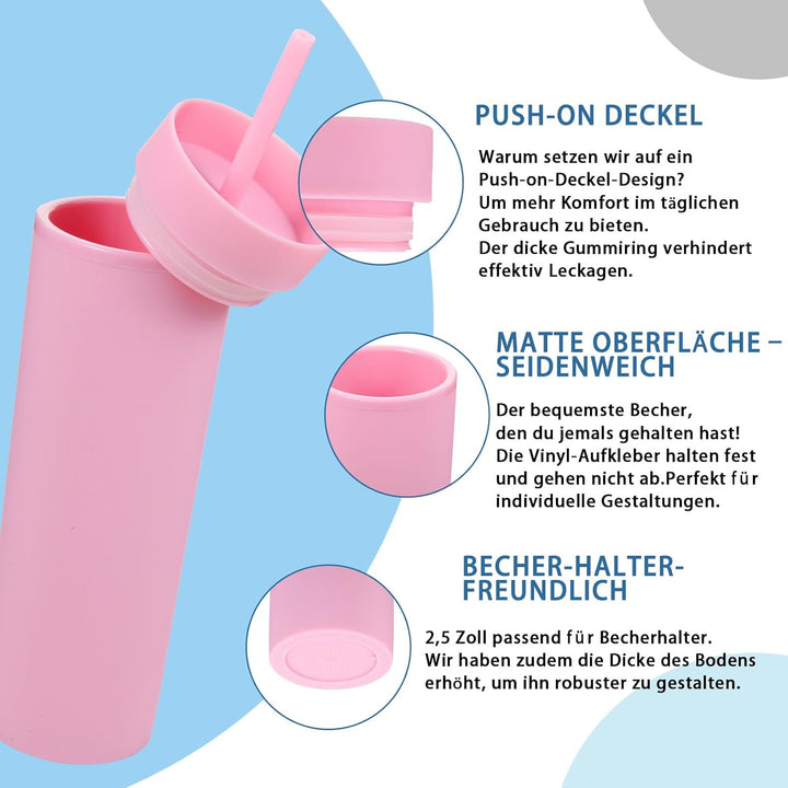 Volhoply 480ml Kunststoff Skinny Becher Mit Deckel und Strohhalm Bulk 8 Pack, Isoliert Doppelwand Bp