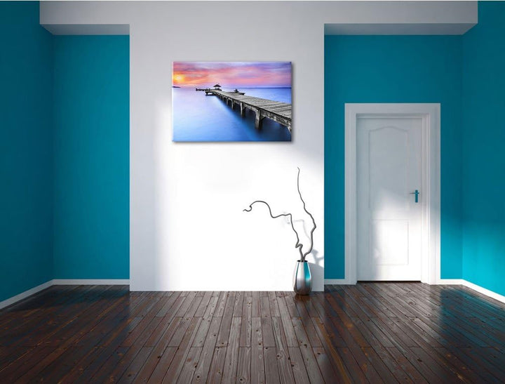 langer Steg mit kleinem Pavillon schwarz/weiss Format: 100x70 auf Leinwand, XXL riesige Bilder ferti