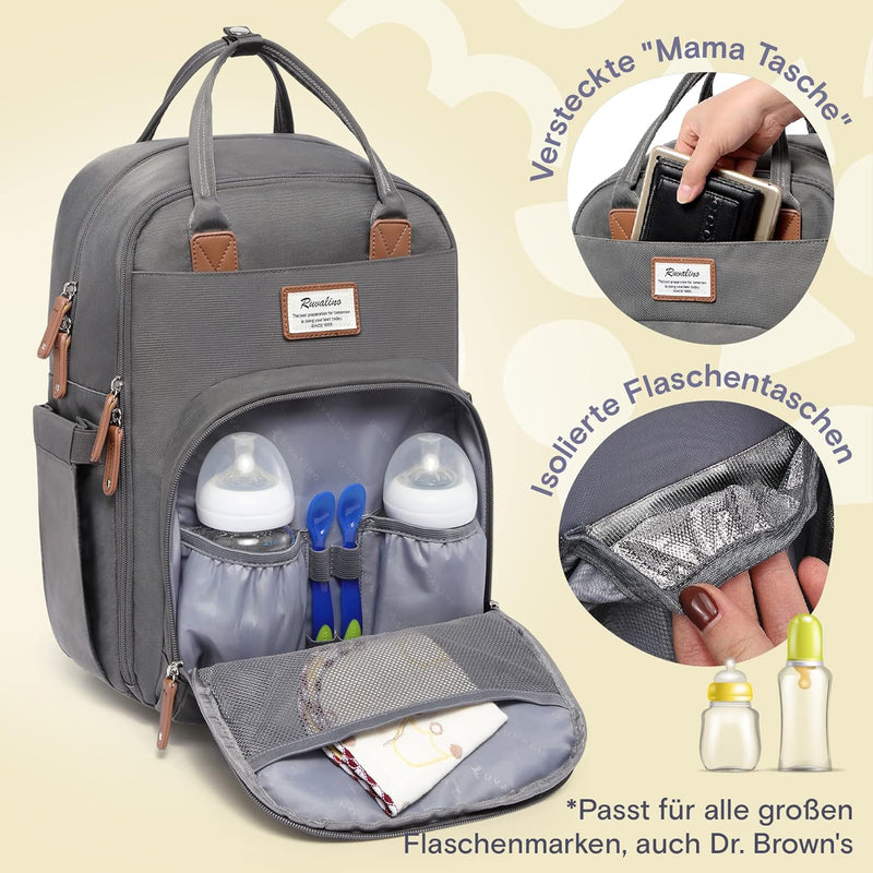 RUVALINO Wickeltasche Rucksack Grosser Wickelrucksack mit multifunktionalen Babytaschen und mobiler