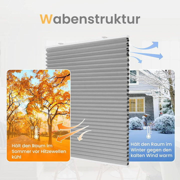 BelleMax Wabenplissee ohne Bohren verdunkelung Thermo plissee klemmfix, Hellgrau-weiss 40x110cm(BxH)