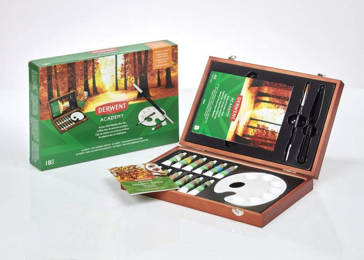 Derwent Academy Acryl Malset, Acrylfarben in einer Geschenk-Box aus Holz, 18er-Set Farben, Inklusive