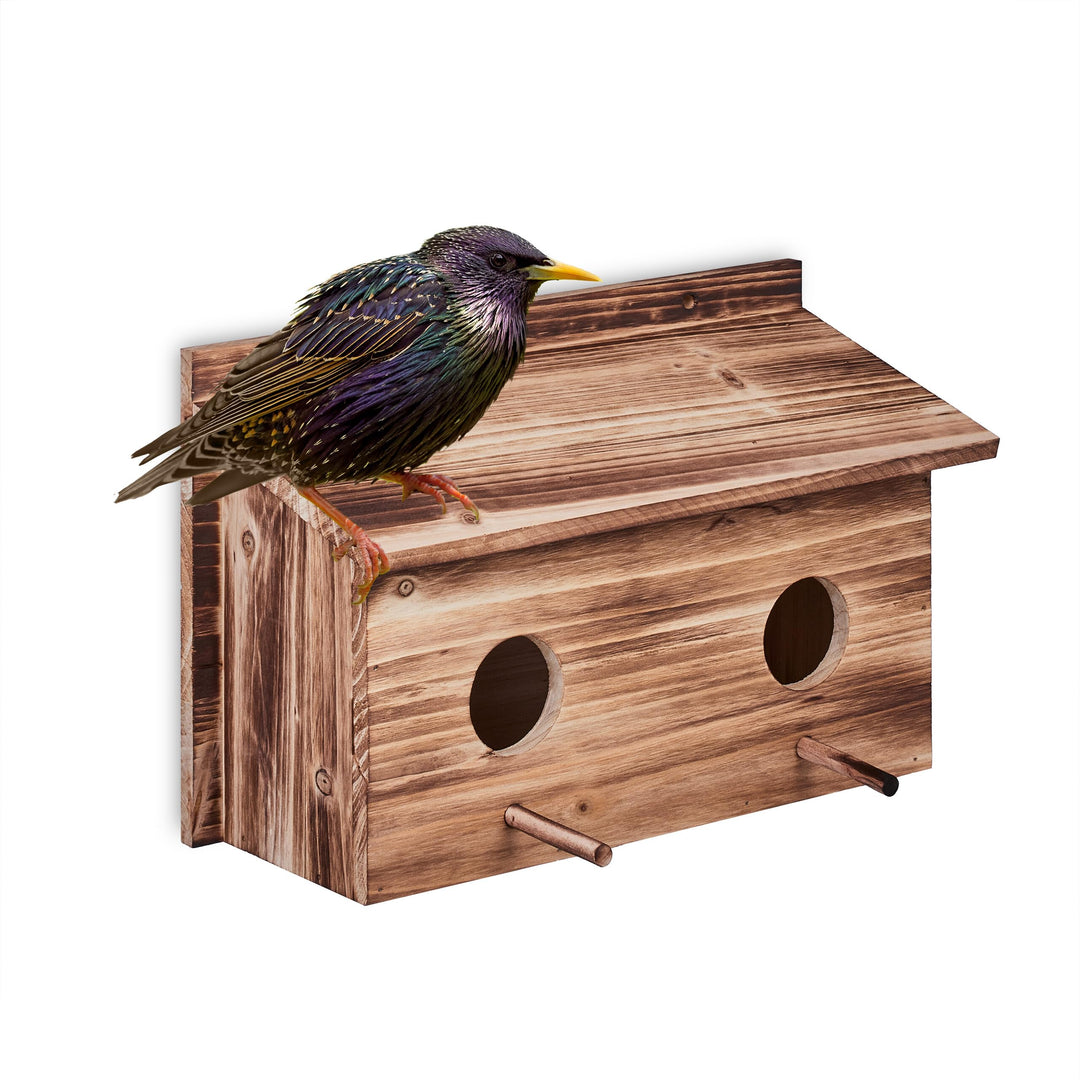 Relaxdays Nistkasten für Stare, natürliches Tannenholz, 2X Einflugloch 5 cm, Sitzstange, Vogelhaus z