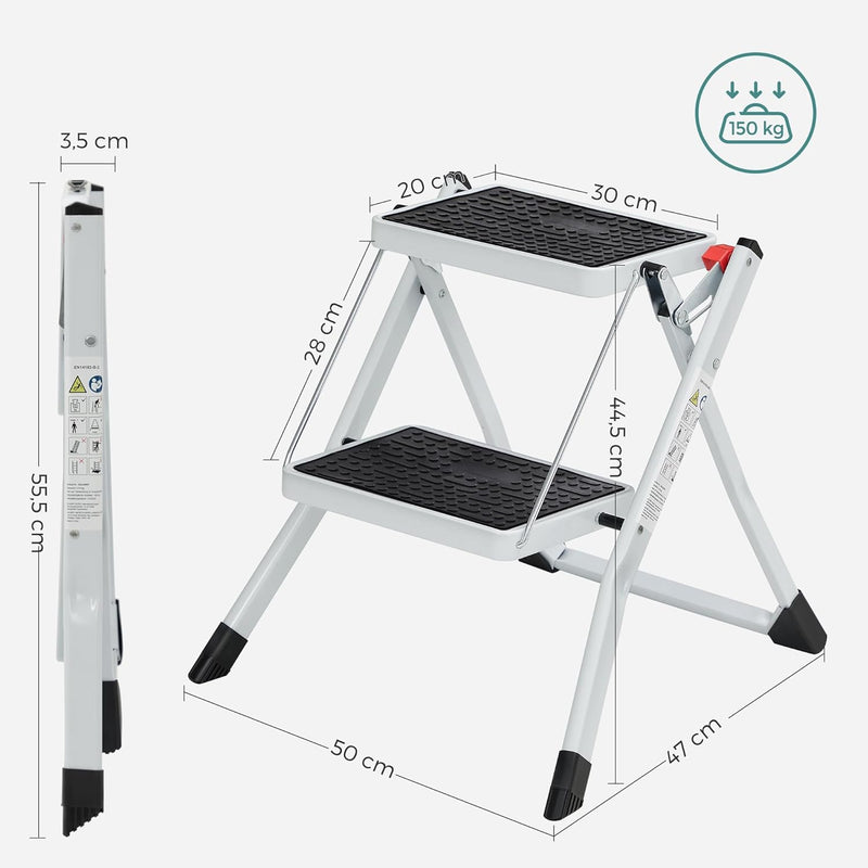 SONGMICS Klapptritt mit 2 Stufen, Trittleiter, Leiter, 20 cm breite Stufen, rutschfeste Gummimatte,