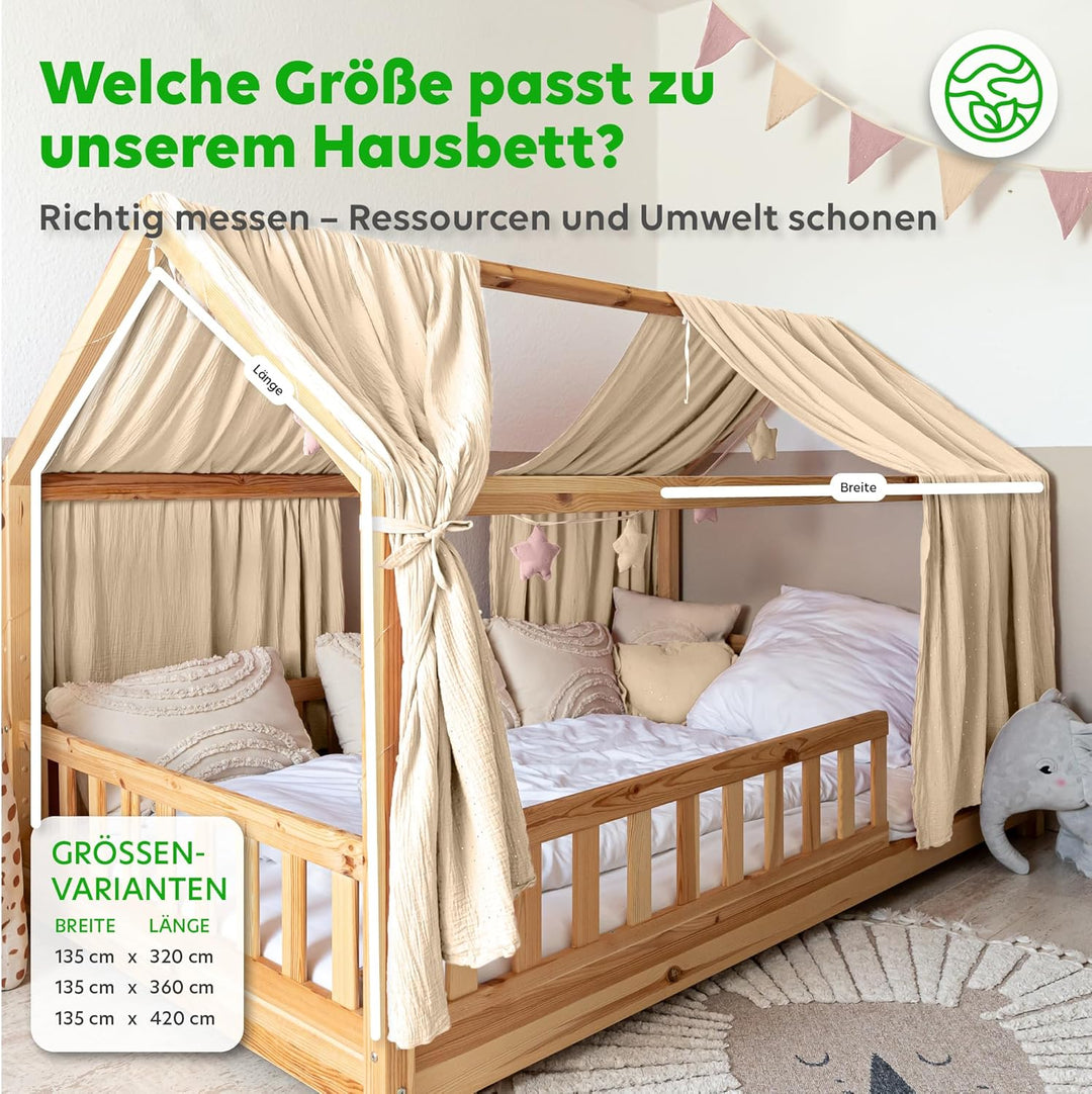 Hausbett Himmel mit Gold Applikation [in 12 Farben] Betthimmel Hausbett aus 100% Baumwolle Musselin