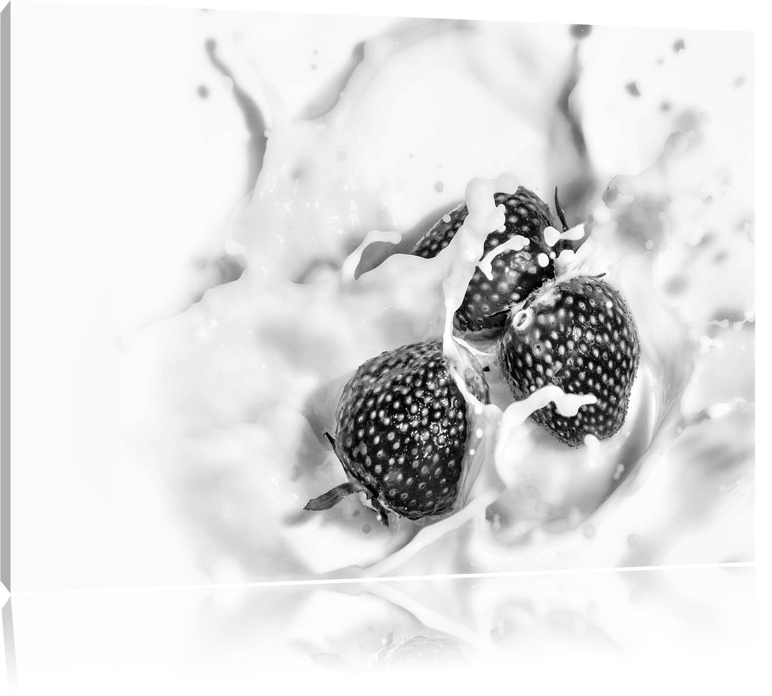 Pixxprint Monocrome, Erdbeeren in Milch Erdbeermilch, Format: 100x70 auf Leinwand, XXL riesige Bilde