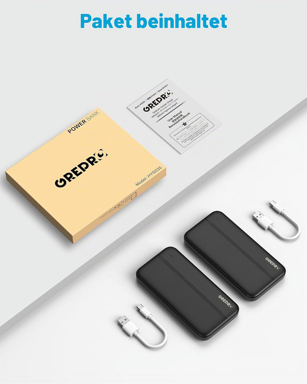 GREPRO Power Bank 10000mAh 2 Stück, 2×USB‑A‑ und USB‑C‑Ausgangsanschlüssen Schwarz-Schwarz, Schwarz-