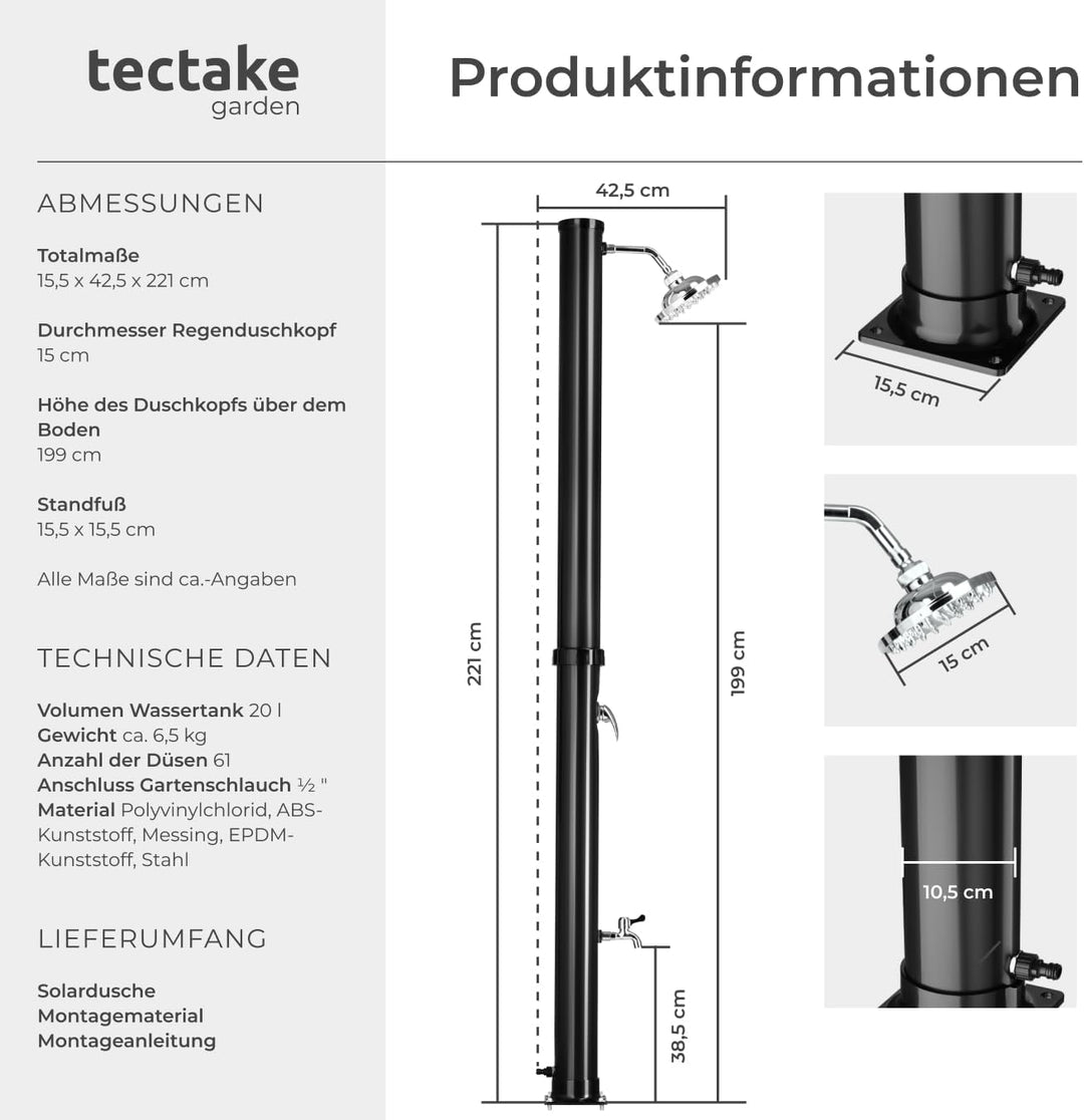 tectake® Gartendusche mit Duschkopf gross und Wasserhahn für Füsse, Solardusche 20l, solar Shower Au
