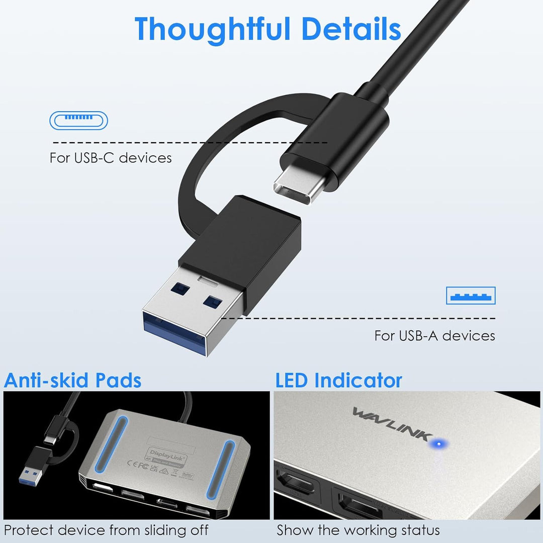 WAVLINK DisplayLink USB 3.0 or USB C to DisplayPort HDMI Adapter, Dual 5K/4K@60Hz 4IN1 Monitor Hub f