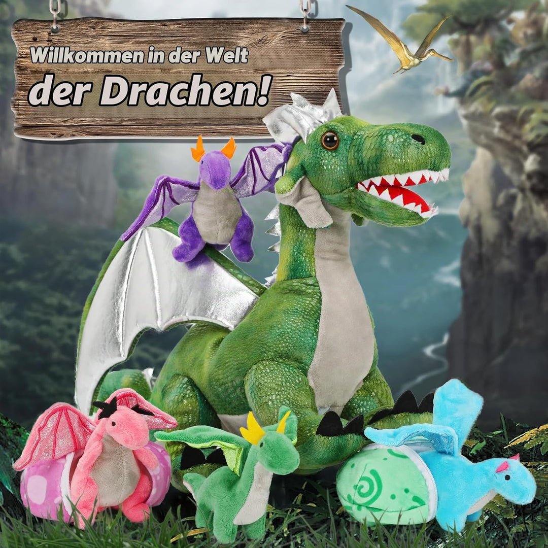 MorisMos 55cm Stehend Drache Kuscheltier mit Baby im Bauch, Grün Gross Plüschdrache Kuscheltiere XXL